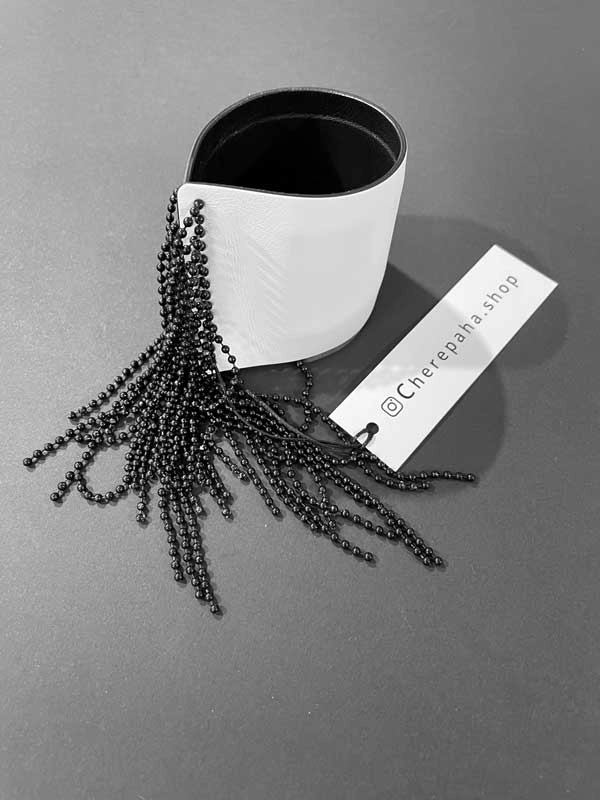 Браслет из кожи КАВИАР белый чёрный арт 30705 Браслет из кожи КАВИАР белый чёрный арт 30705