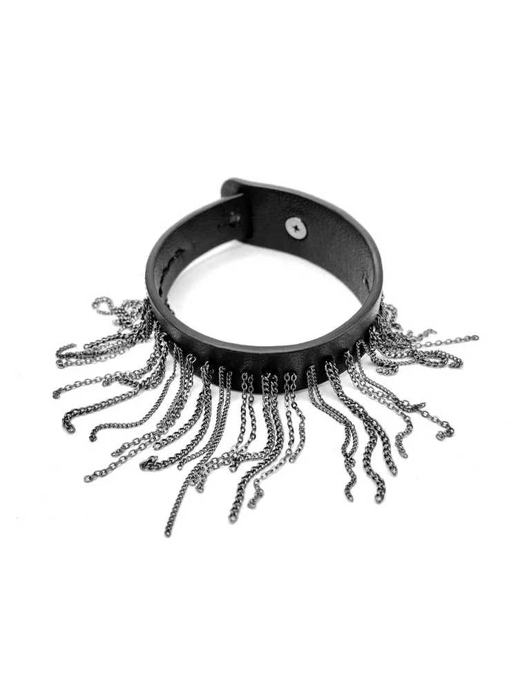 Браслет из кожи С ЦЕПЯМИ чёрный тёмное серебро арт 61501