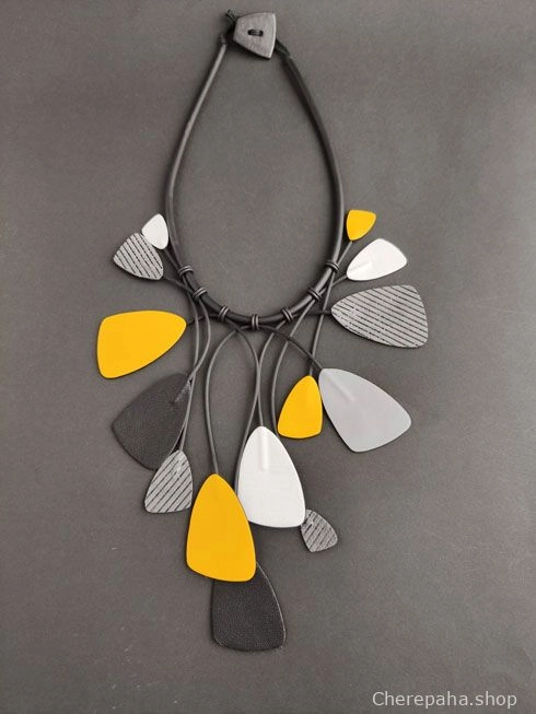 Ожерелье из кожи ЛИАНА жёлтый_серебро_серый арт 25708