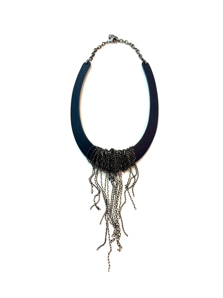 Колье из кожи БРИЗ чёрный золотистый арт 56403 Колье из кожи БРИЗ чёрный золотистый арт 56403