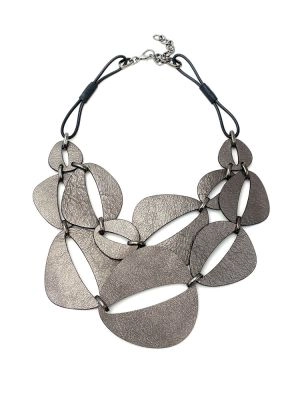 Колье кожаное КОШАЧИЙ ГЛАЗ тёмное серебро чёрный арт 53002