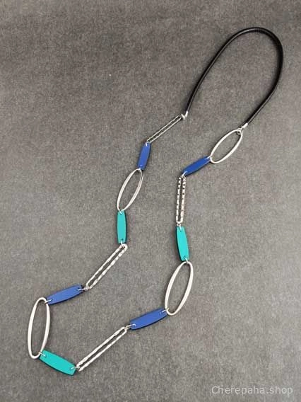 Цепь кожаная КОЛЬЦА синий + бирюзовый _чёрный арт 2383 Цепь кожаная КОЛЬЦА синий + бирюзовый _чёрный арт 2383