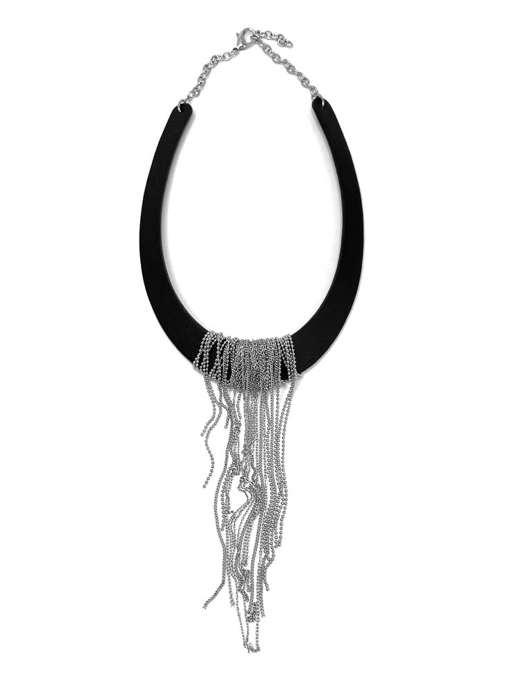 Колье из кожи БРИЗ чёрный серебро арт 56401 Колье из кожи БРИЗ чёрный серебро арт 56401