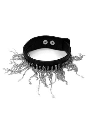 Браслет из кожи С ЦЕПЯМИ чёрный серебро арт 61502 в магазине дизайнерских украшений Cherepaha.shop